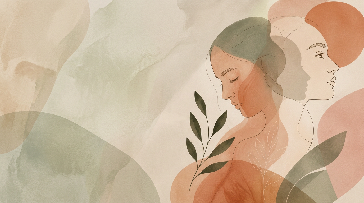 Ilustração abstrata com rostos femininos em sobreposição, simbolizando introspecção, autoconhecimento e psicanálise